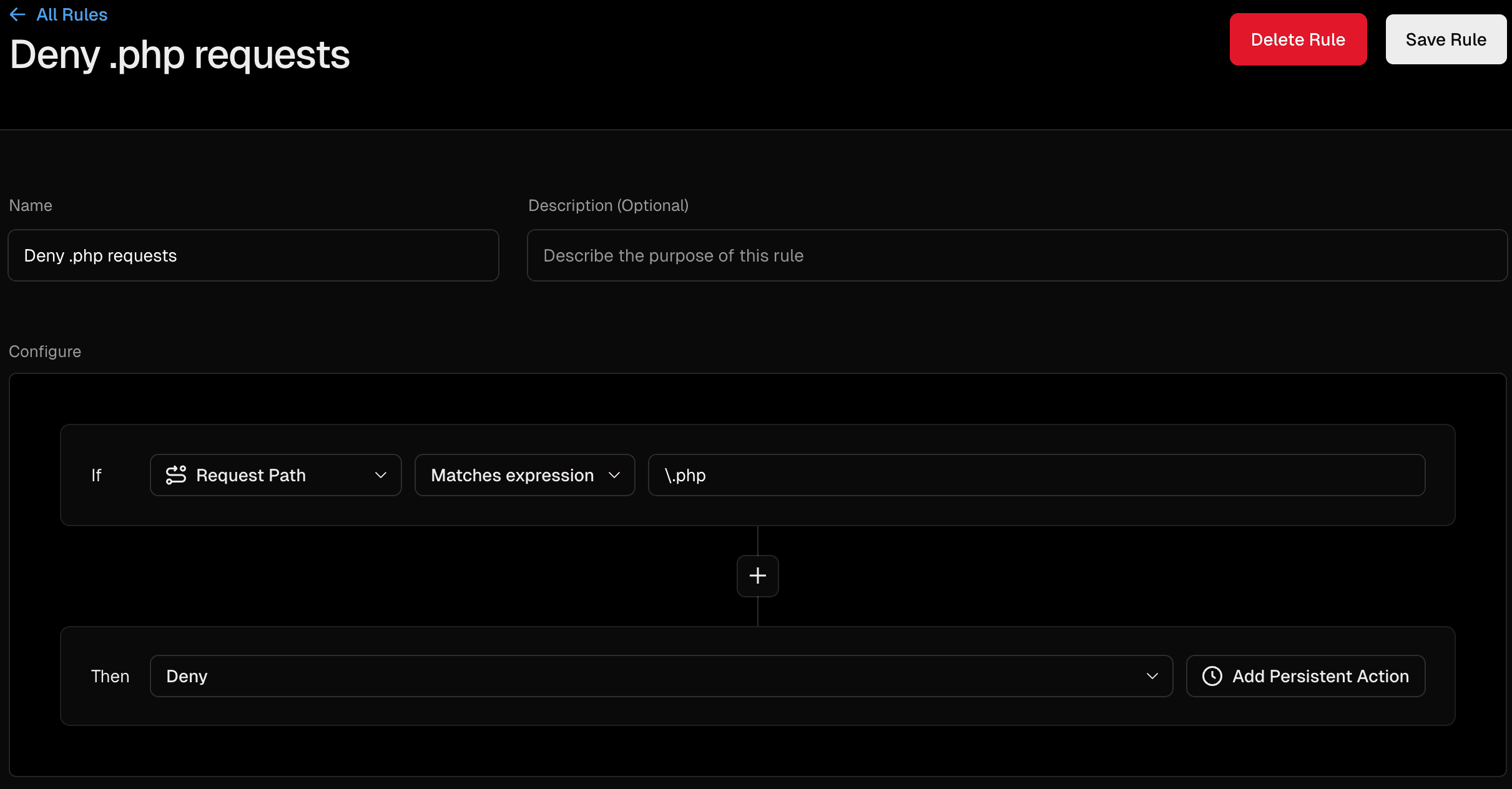 Vercel Firewall rule configuration showing how to block PHP requests