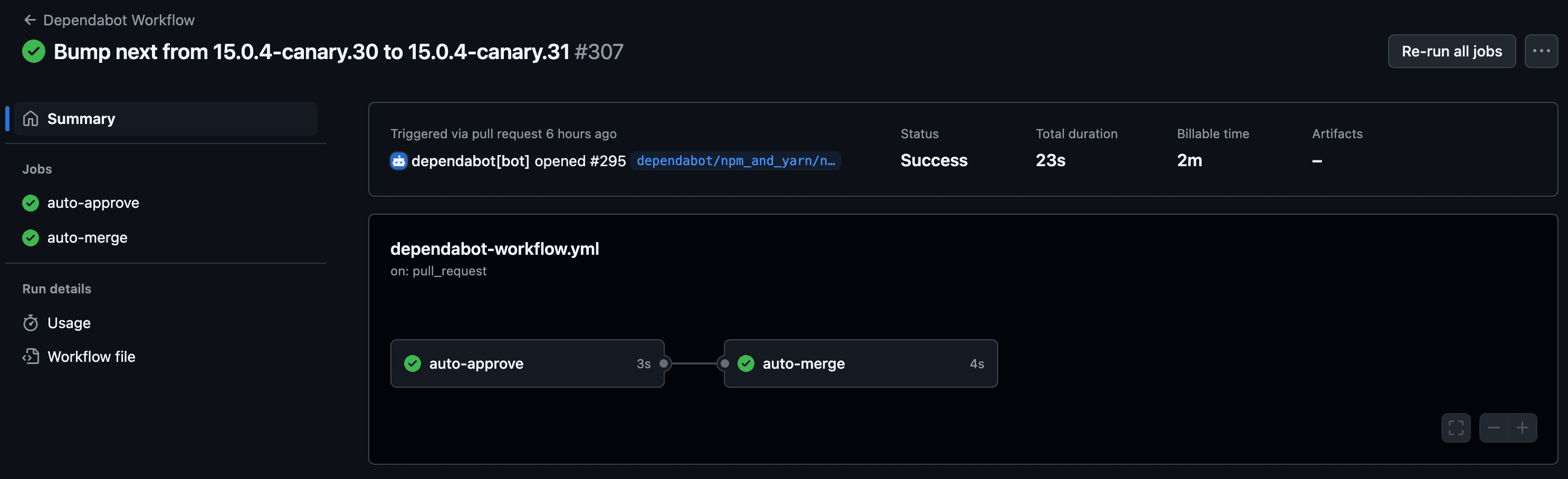 GitHub pull request interface showing automated approval and merge by Dependabot workflow