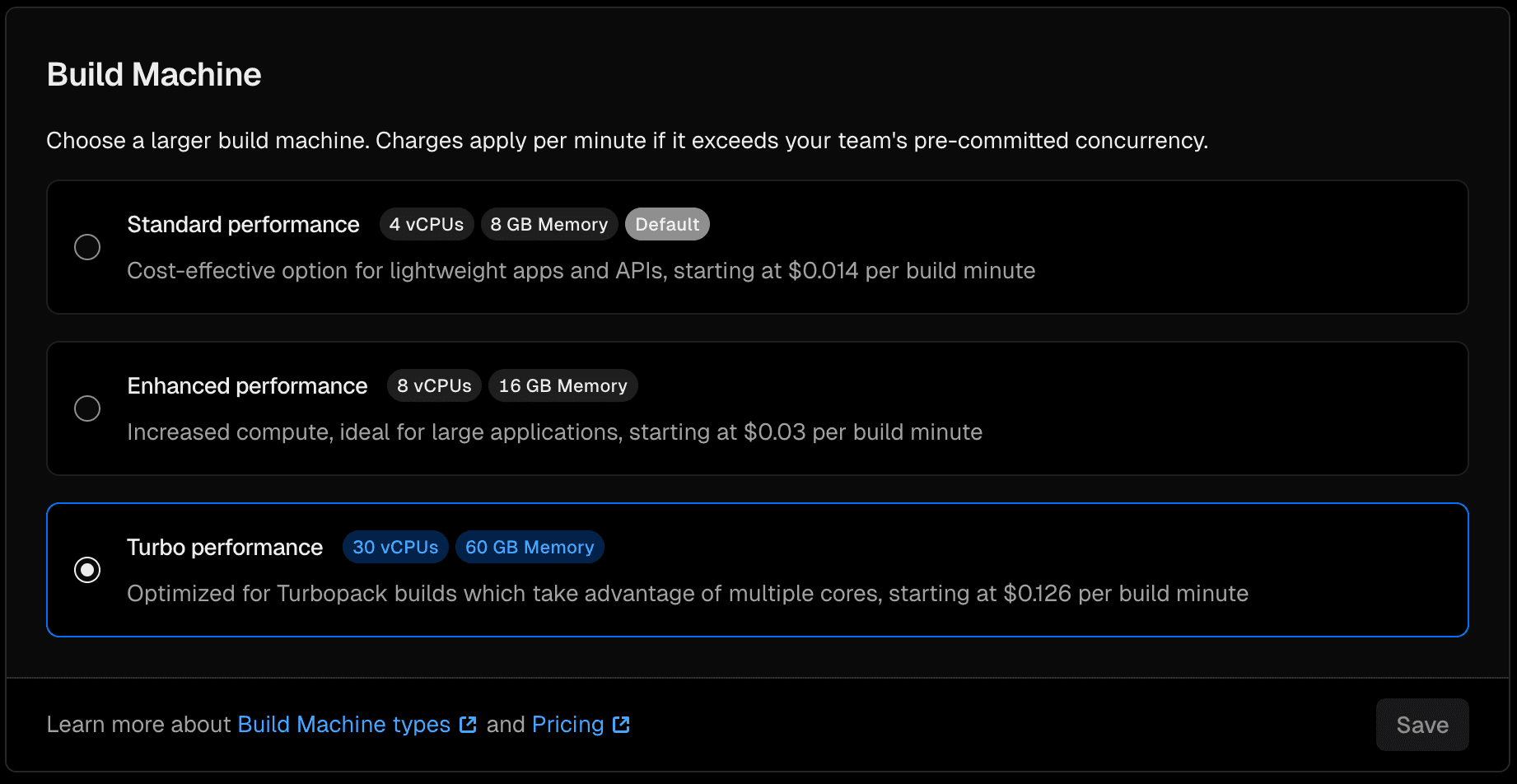 Vercel build machine selection screen showing Standard, Enhanced, and Turbo performance options, with Turbo performance selected