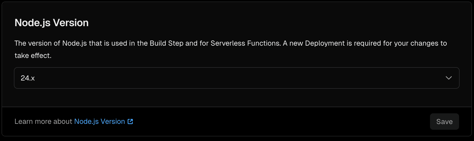 Vercel project settings showing the Node.js version selector with Node 24.x selected